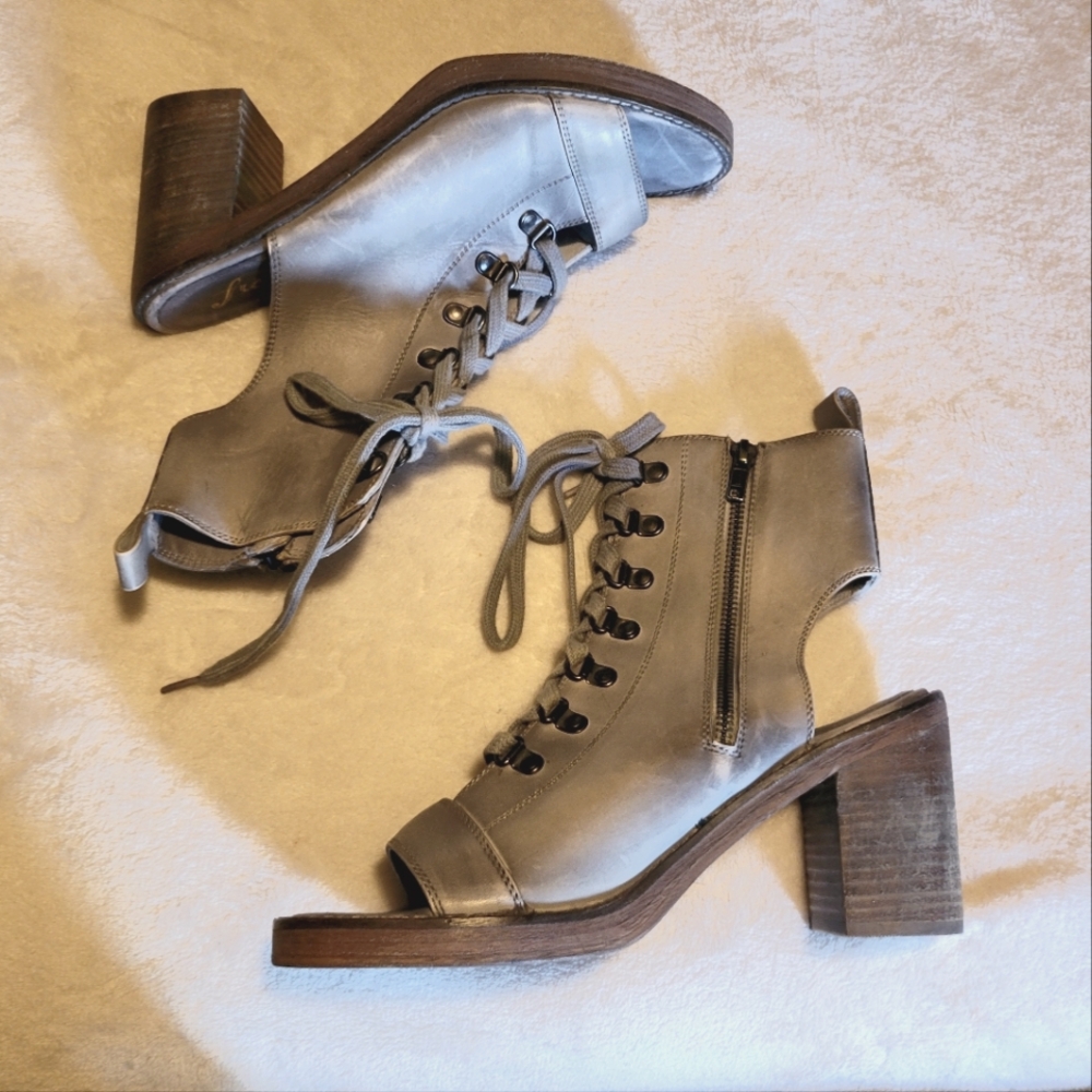 EUC Free People City Of Lights Lace-Up Open-Toe Boot, EU 40/US 9.5-10, Grey